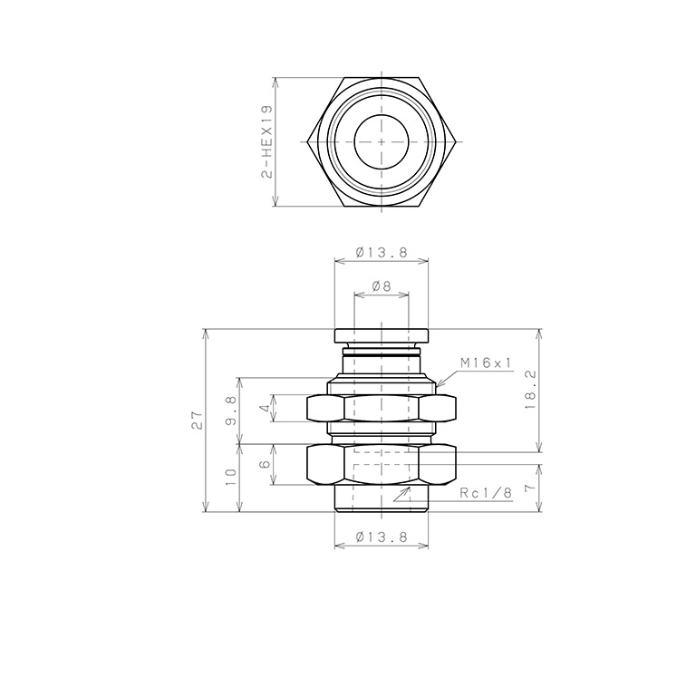 Bản vẽ kỹ thuật Đầu Nối Nhanh Khí Nén Dạng Thẳng Ren Trong Ngoài Pisco PMF8-01