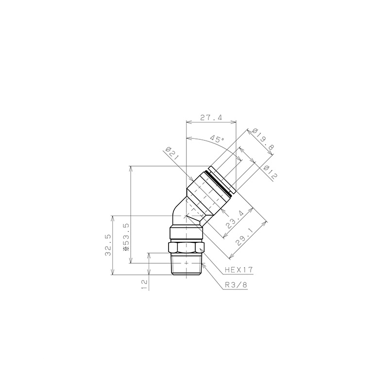 Bản vẽ kỹ thuật Đầu Nối Nhanh Khí Nén Dạng Cong 45° Ren Ngoài Pisco PLH12-03W