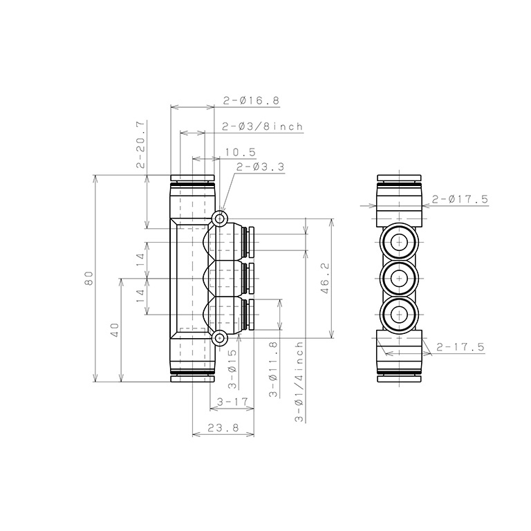 Bản vẽ kỹ thuật Đầu Nối Nhanh Khí Nén Chữ T 5 Ngã Dạng Nối Giảm Pisco PKG3/8-1/4