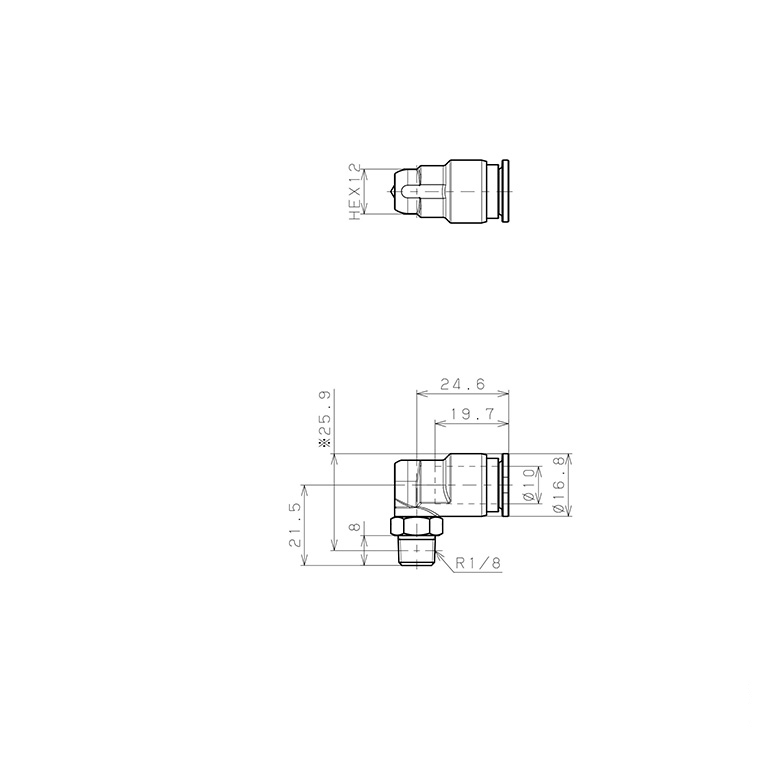 Bản vẽ kỹ thuật Đầu Nối Nhanh Khí Nén Dạng Cong 90° Ren Ngoài Pisco SSPL10-01-X-C