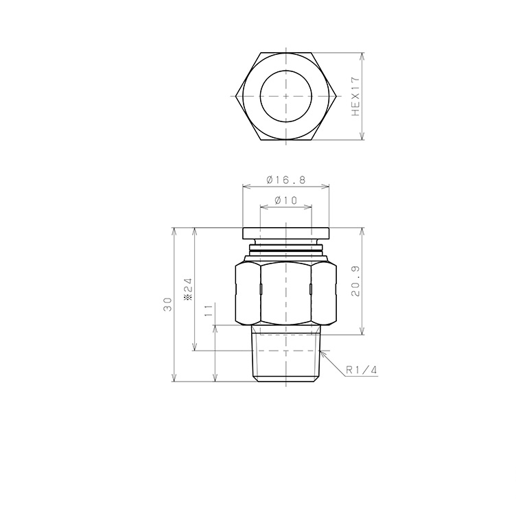 Bản vẽ kỹ thuật Đầu Nối Nhanh Khí Nén Dạng Thẳng Thân Lục Giác Ren Ngoài Pisco PPC10-02SUS-F-TP