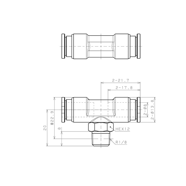 Bản vẽ kỹ thuật Đầu Nối Nhanh Khí Nén Dạng Chữ T Ren Ngoài Pisco SSPB8-01-X