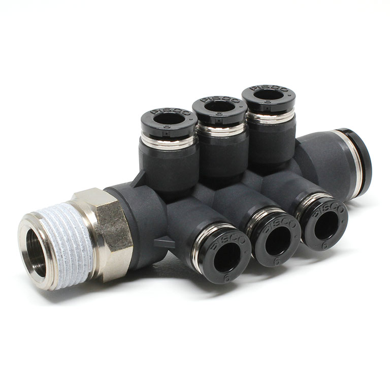 Đầu Nối Nhanh Khí Nén Dạng Chữ T Sáu Nhánh Ren Ngoài Pisco PKVD10-6-03