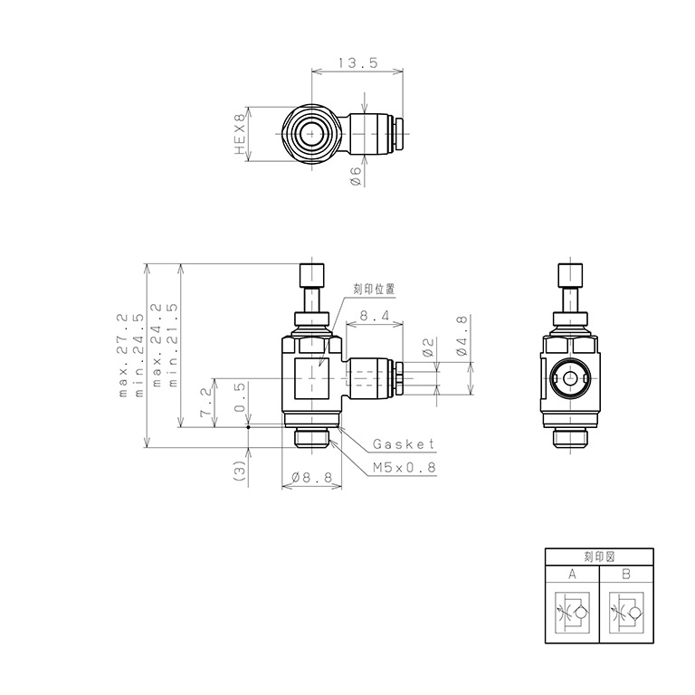 Bản vẽ kỹ thuật Van Tiết Lưu Khí Nén Lưu Lượng Thấp Pisco JSC2-M5ALW-C