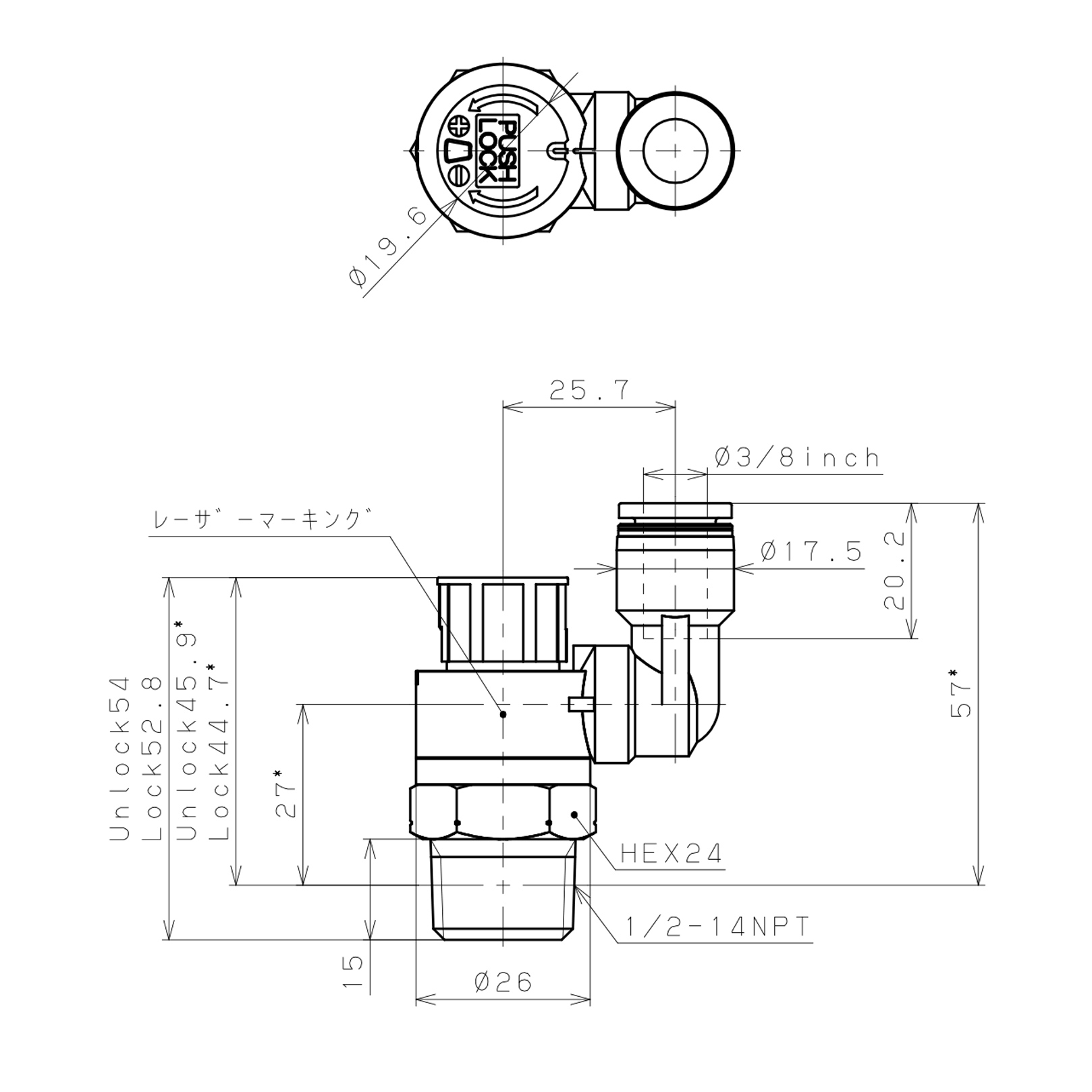 Bản vẽ kỹ thuật Van Tiết Lưu Khí Nén Loại Khóa Đẩy Có Hiển Thị Chỉ Số Pisco JSGS3/8-N4ALW