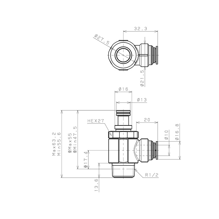 Bản vẽ kỹ thuật Van Tiết Lưu Khí Nén Chân Kim, Đồng Mạ Niken Pisco KJNC10-04-1-F