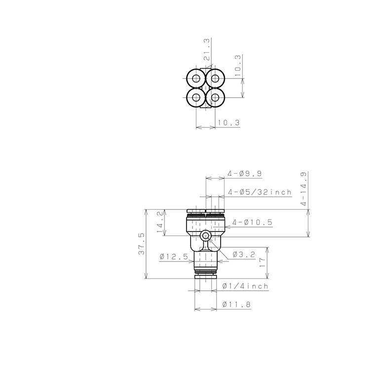Bản vẽ kỹ thuật Đầu Nối Nhanh Khí Nén Chữ Y 5 Ngã Dạng Nối Giảm Pisco PRG1/4-5/32-C
