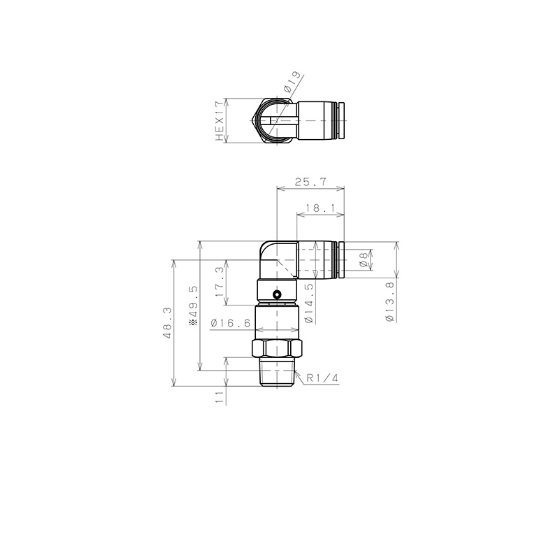 Bản vẽ kỹ thuật Đầu Nối Nhanh Khí Nén Dạng Cong 90° Ren Ngoài Có Khớp Xoay Tốc Độ Cao Pisco RHL8-02