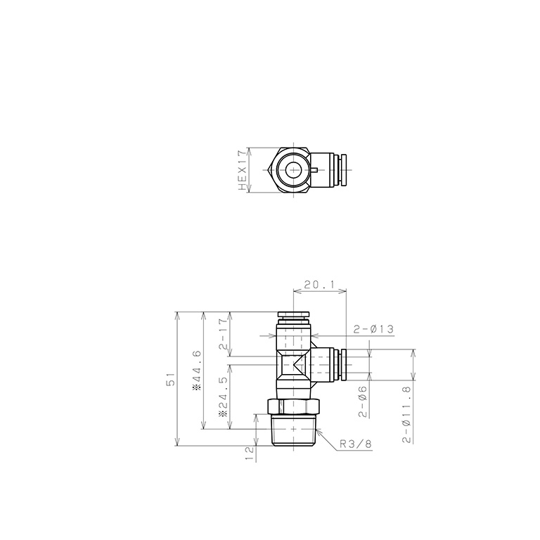 Bản vẽ kỹ thuật Đầu Nối Nhanh Khí Nén Dạng Chữ T Ren Ngoài Pisco SPPD6-03