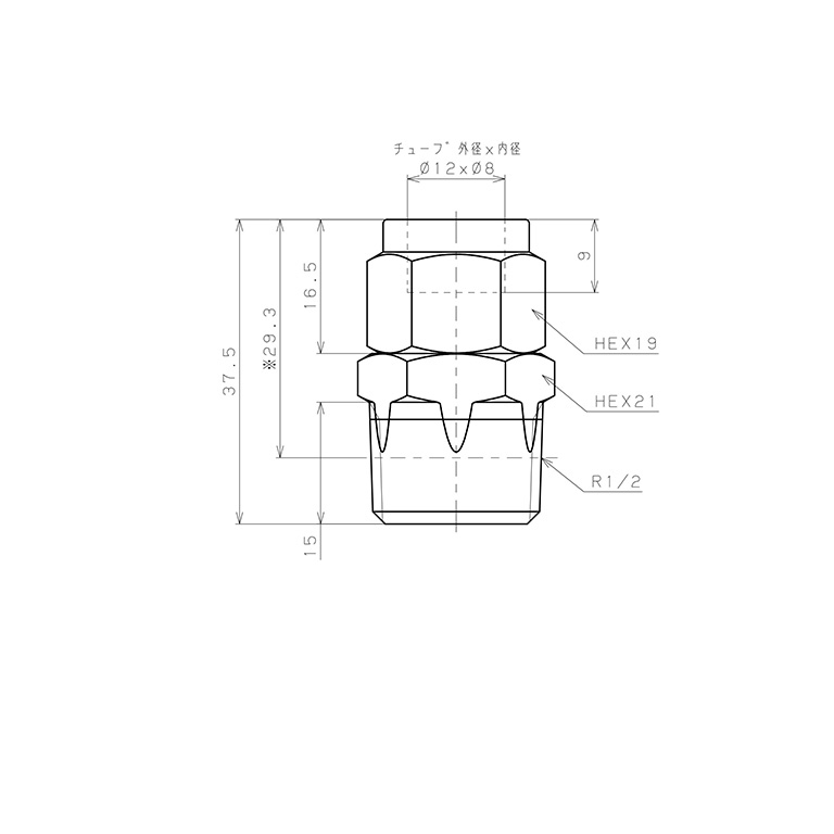 Bản vẽ kỹ thuật Đầu Ngạnh Nối Ống Có Đai Ốc Xiết Dạng Thẳng Thân Lục Giác Ren Ngoài Pisco NSC1280-04-TP