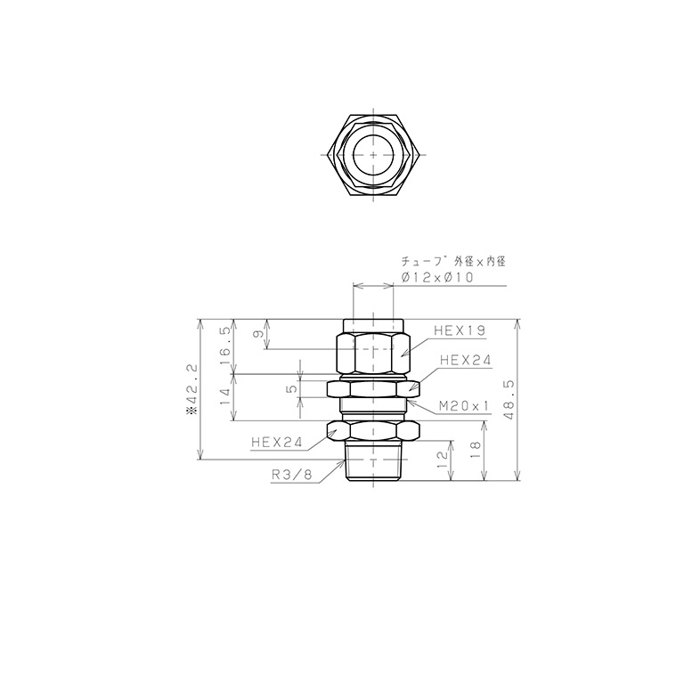 Bản vẽ kỹ thuật Đầu Ngạnh Nối Ống Có Đai Ốc Xiết Dạng Lắp Vách Ren Ngoài Pisco NSMC1210-03