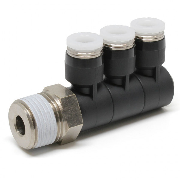Đầu Nối Nhanh Khí Nén Ba Nhánh Cong 90° Thân Lục Giác Trụ Ren Ngoài Pisco PHT1/4-03W