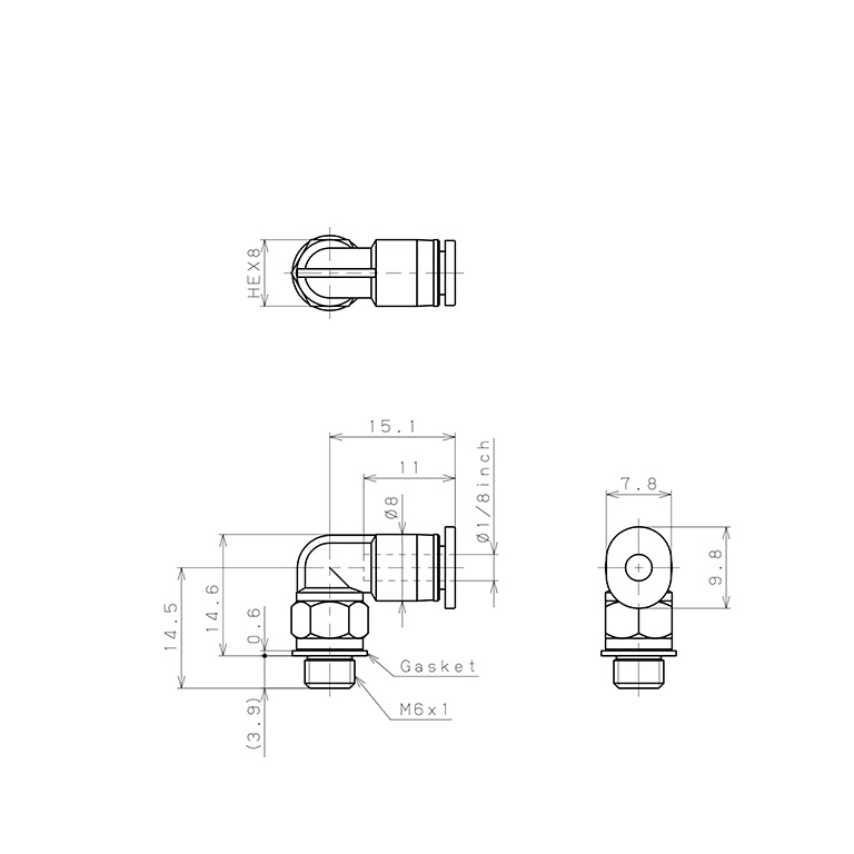 Bản vẽ kỹ thuật Đầu Nối Nhanh Khí Nén Dạng Cong 90° Ren Ngoài Pisco PL1/8-M6M