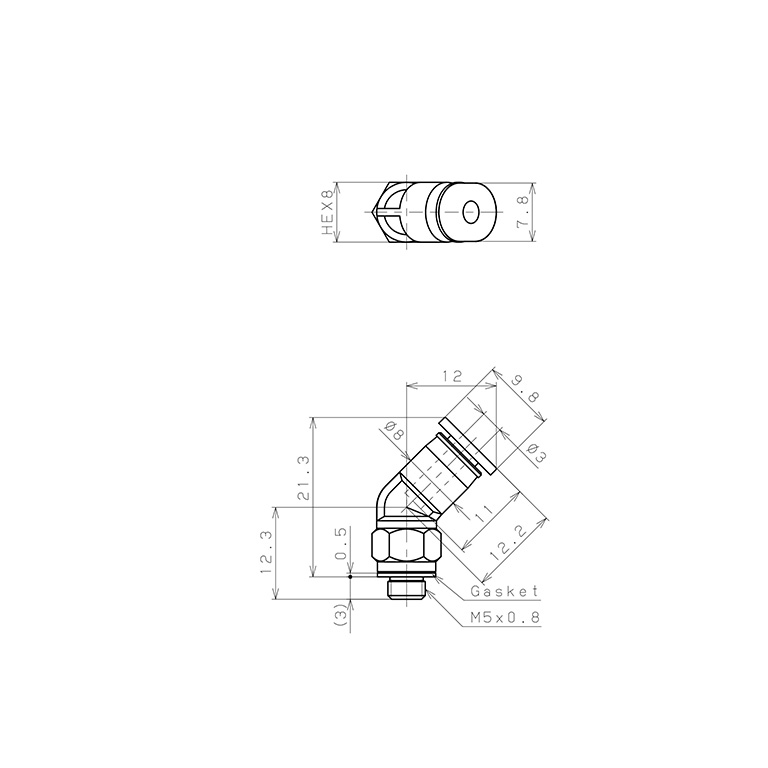 Bản vẽ kỹ thuật Đầu Nối Nhanh Khí Nén Dạng Cong 45° Ren Ngoài Pisco PLH3-M5M