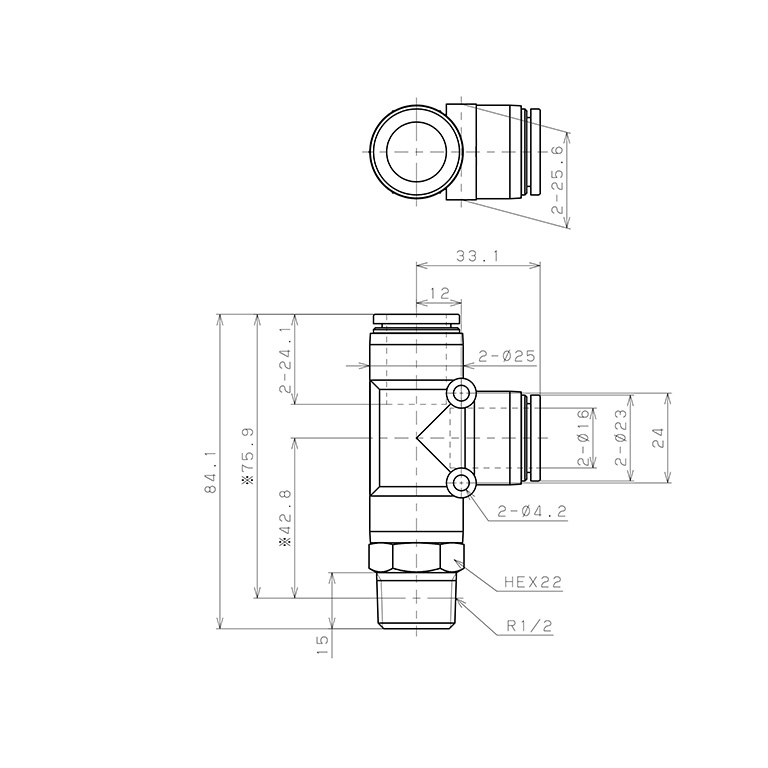 Bản vẽ kỹ thuật Đầu Nối Nhanh Khí Nén Dạng Chữ T Ren Ngoài Pisco SPD16-04