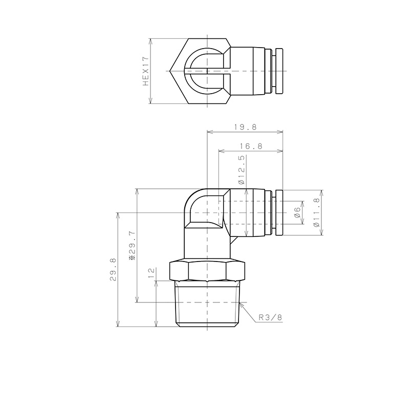 Bản vẽ kỹ thuật Đầu Nối Nhanh Khí Nén Dạng Cong 90° Ren Ngoài Pisco SPL6-03
