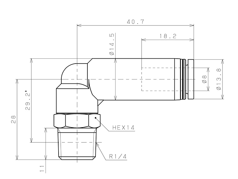 Bản vẽ kỹ thuật Đầu Nối Nhanh Khí Nén Dạng Cong 90° Ren Ngoài Có Van Tự Ngắt Pisco PSL8-02