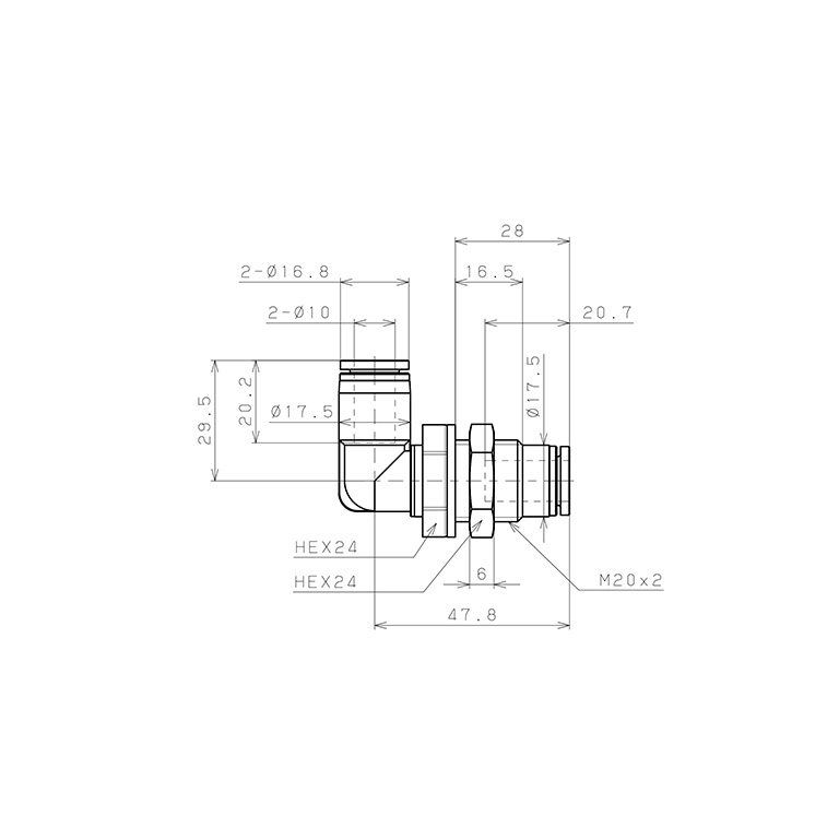 Bản vẽ kỹ thuật Đầu Nối Nhanh Khí Nén Cong 90° Ren Ngoài Lắp Kẹp Vách Pisco SPML10