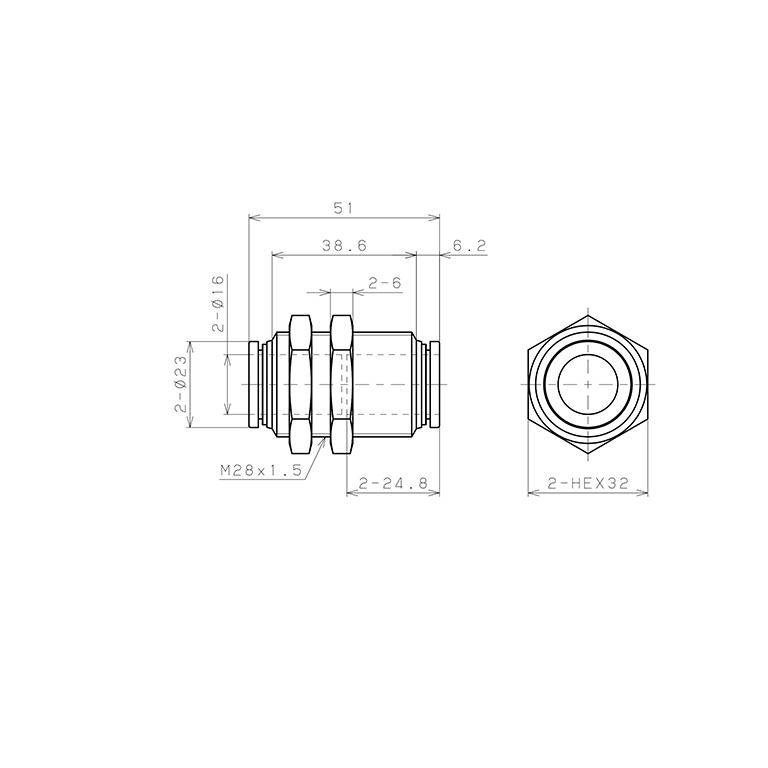 Bản vẽ kỹ thuật Đầu Nối Nhanh Khí Nén Dạng Thẳng Ren Ngoài Lắp Kẹp Vách Pisco SPM16-UC