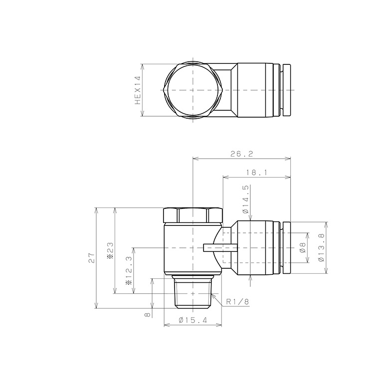 Bản vẽ kỹ thuật Đầu Nối Nhanh Khí Nén Cong 90° Đầu Lục Giác Trụ Ren Ngoài Pisco SPH8-01