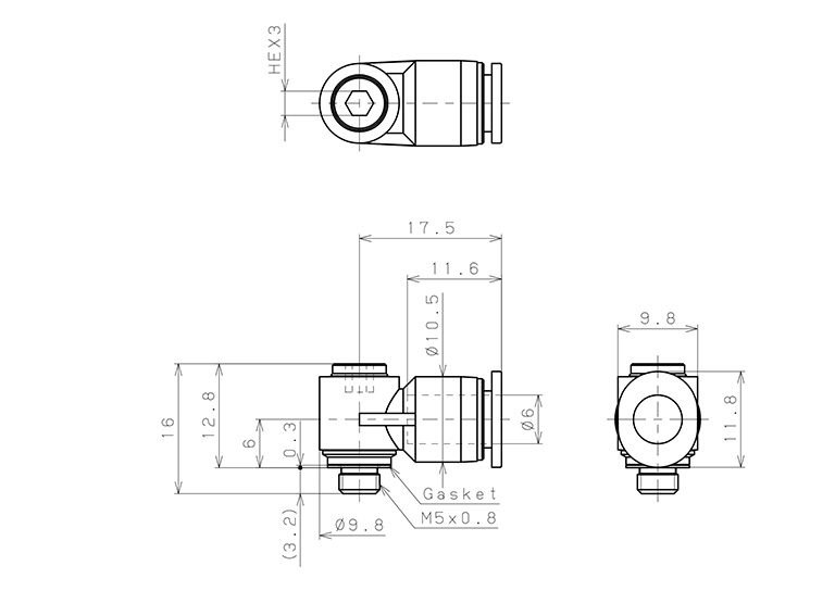 Bản vẽ kỹ thuật Đầu Nối Nhanh Khí Nén Dạng Cong 90° Đầu Lục Giác Chìm Ren Ngoài Pisco POL6-M5M-C