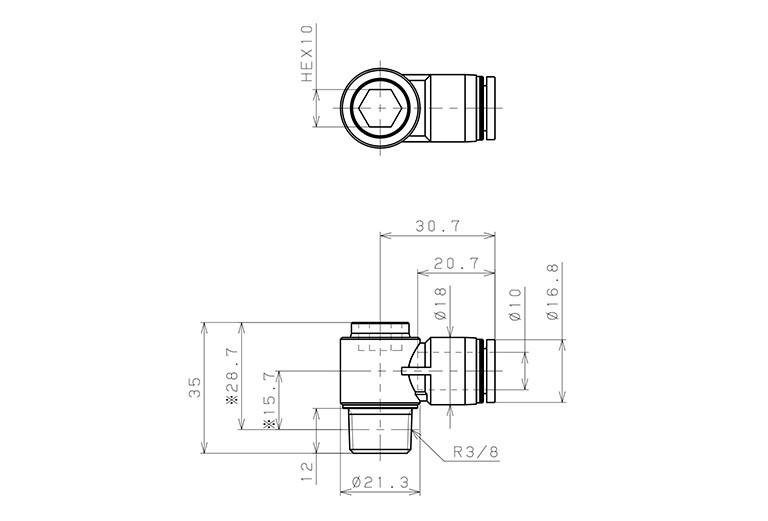 Bản vẽ kỹ thuật Đầu Nối Nhanh Khí Nén Dạng Cong 90° Đầu Lục Giác Chìm Ren Ngoài Pisco POL10-03W