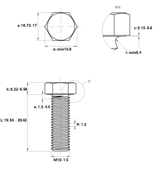 Bản vẽ kỹ thuật Bulong Mạ Kẽm Trắng Cr3+ 8.8 DIN933 M10x20