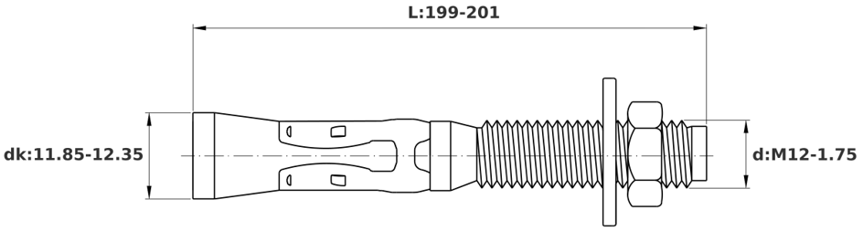 Bản vẽ kỹ thuật Tắc Kê Nở 3 Cánh Thép Mạ Kẽm M12x200