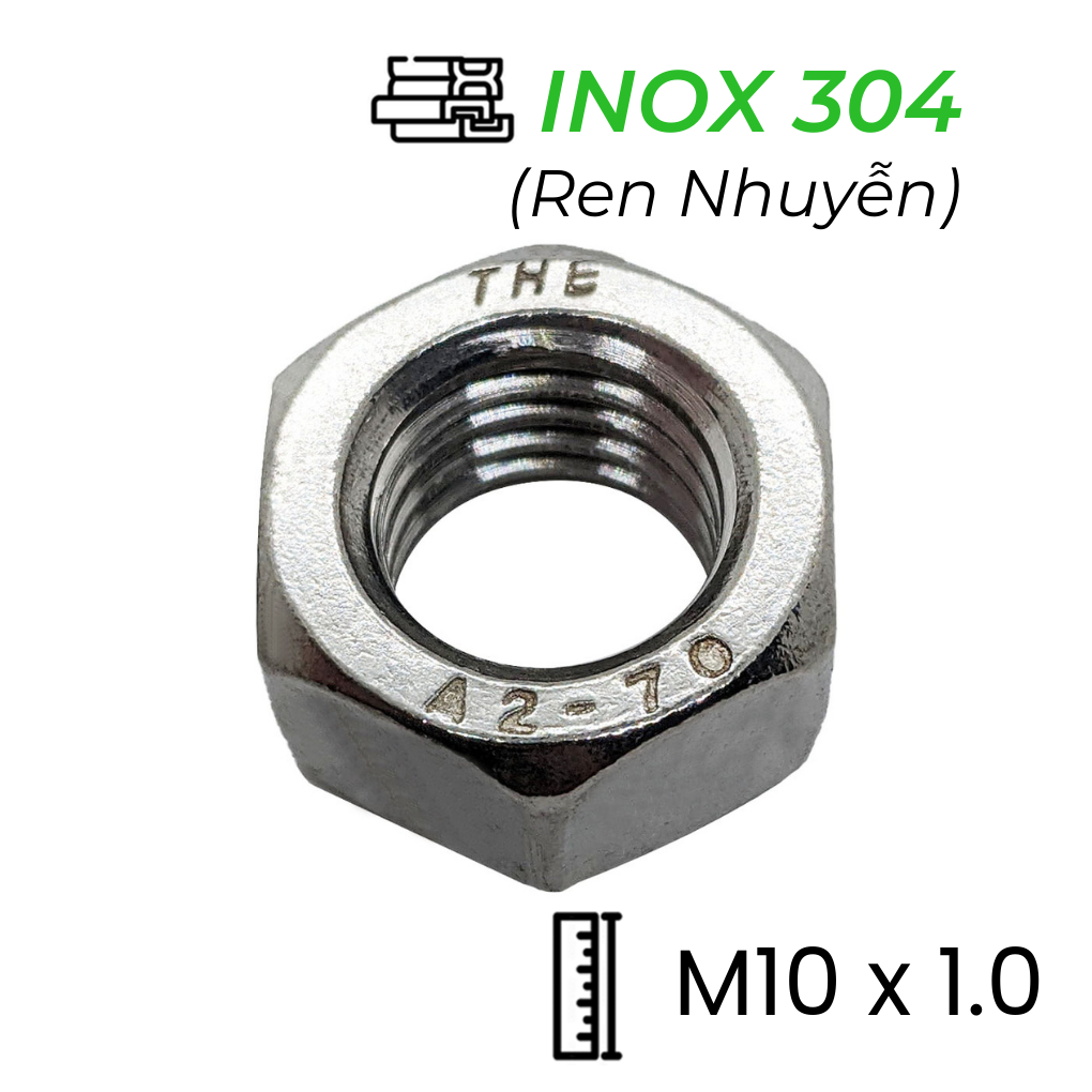 Tán Inox 304 DIN934 M10x1.0 Ren Nhuyễn