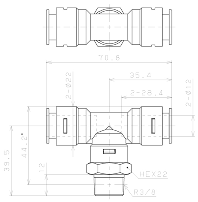 Bản vẽ kỹ thuật Đầu Nối Nhanh Khí Nén Dạng Chữ T Ren Ngoài Pisco APB12-03-E