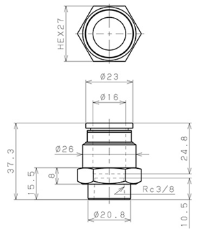 Bản vẽ kỹ thuật Đầu Nối Nhanh Khí Nén Thẳng Phi 16mm Ren Trong R3/8 Pisco PCF16-03
