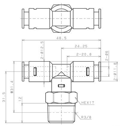 Bản vẽ kỹ thuật Đầu Nối Nhanh Khí Nén Dạng Chữ T Ren Ngoài Pisco APB6-03-N-C