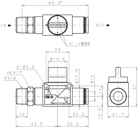 Bản vẽ kỹ thuật Van Tay Khí Nén Pisco HV03-10-2W