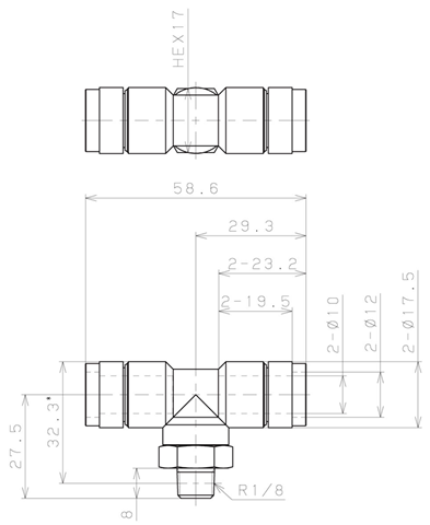 Bản vẽ kỹ thuật Đầu Nối Nhanh Khí Nén Dạng Chữ T Ren Ngoài Pisco KB10-01