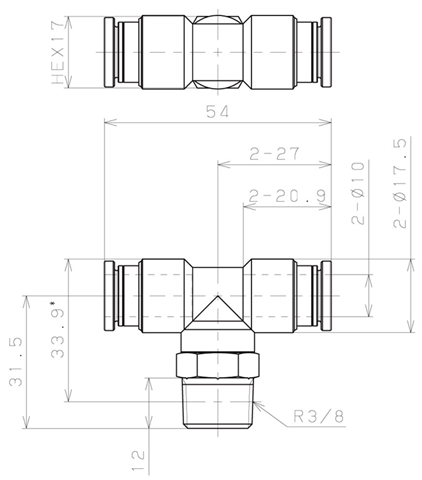 Bản vẽ kỹ thuật Đầu Nối Nhanh Khí Nén Dạng Chữ T Ren Ngoài Pisco KB10-03-1-F