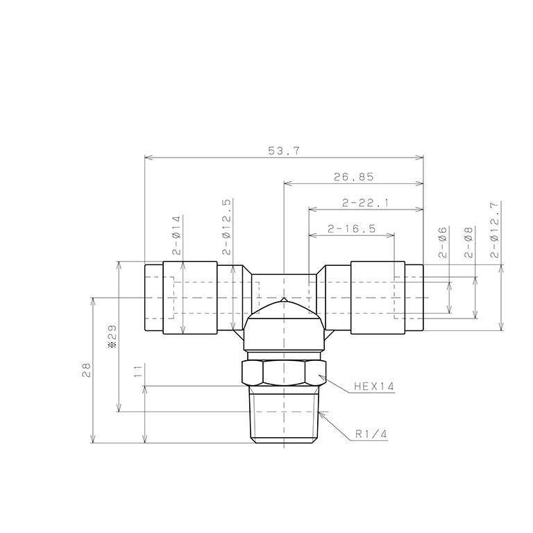Bản vẽ kỹ thuật Đầu Nối Nhanh Khí Nén Dạng Chữ T Ren Ngoài Pisco PB6-02V-0