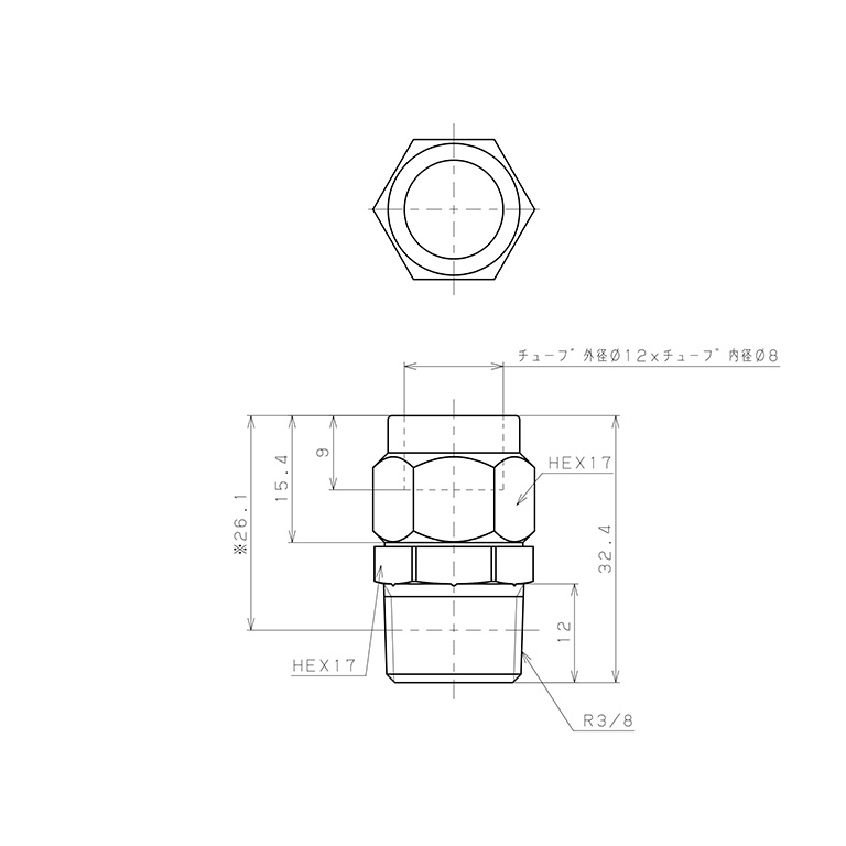 Bản vẽ kỹ thuật Đầu Ngạnh Nối Ống Có Đai Ốc Xiết Dạng Thẳng Thân Lục Giác Ren Ngoài Pisco NKC1280-03