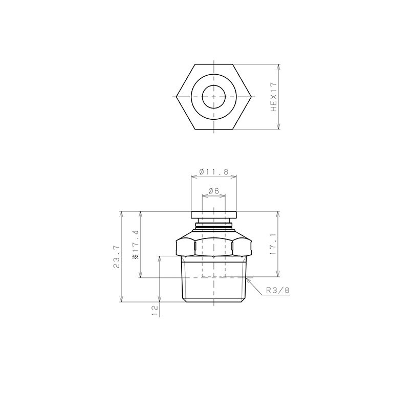 Bản vẽ kỹ thuật Đầu Nối Nhanh Khí Nén Dạng Thẳng Thân Lục Giác Ren Ngoài Pisco PC6-03SUS