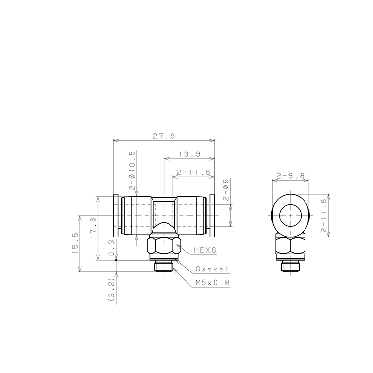 Bản vẽ kỹ thuật Đầu Nối Nhanh Khí Nén Dạng Chữ T Ren Ngoài Pisco PB6-M5M-C