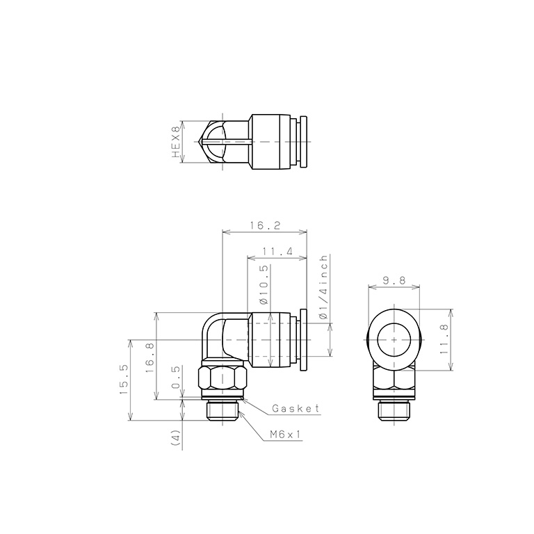 Bản vẽ kỹ thuật Đầu Nối Nhanh Khí Nén Dạng Cong 90° Ren Ngoài Pisco PL1/4-M6M-C