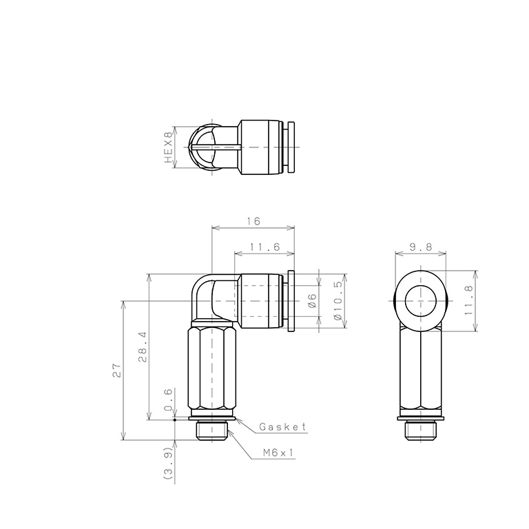Bản vẽ kỹ thuật Đầu Nối Nhanh Khí Nén Dạng Cong 90° Ren Ngoài (Dài) Pisco PLL6-M6MW