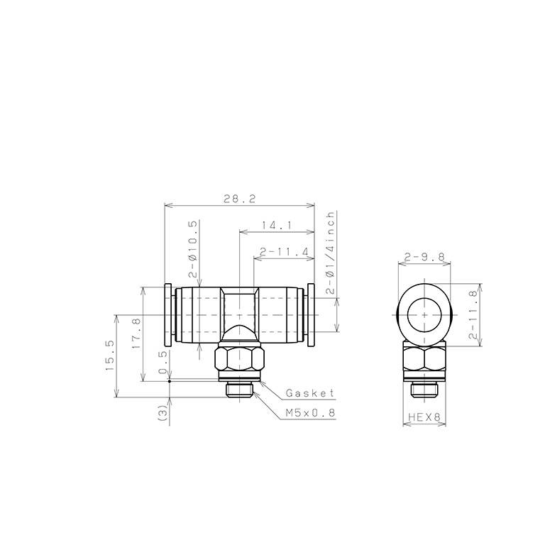 Bản vẽ kỹ thuật Đầu Nối Nhanh Khí Nén Dạng Chữ T Ren Ngoài Pisco PB1/4-M5M
