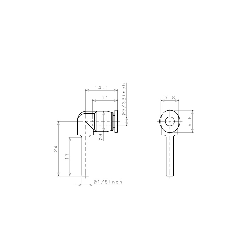 Bản vẽ kỹ thuật Đầu Nối Nhanh Khí Nén Giữa Ống Khí Và Fitting Dạng Nối Giảm Cong 90° Pisco PLGJ1/8-5/32M