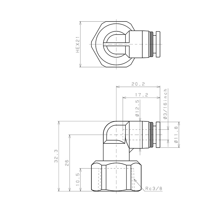 Bản vẽ kỹ thuật Đầu Nối Nhanh Khí Nén Dạng Cong 90° Ren Trong Pisco PLF3/16-03