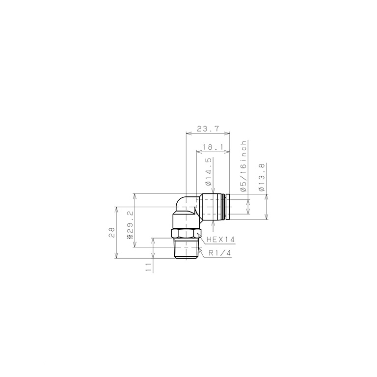 Bản vẽ kỹ thuật Đầu Nối Nhanh Khí Nén Dạng Cong 90° Ren Ngoài Pisco PL5/16-02