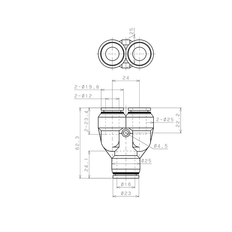 Bản vẽ kỹ thuật Đầu Nối Nhanh Khí Nén Chữ Y Dạng Nối Giảm Pisco PW16-12-C