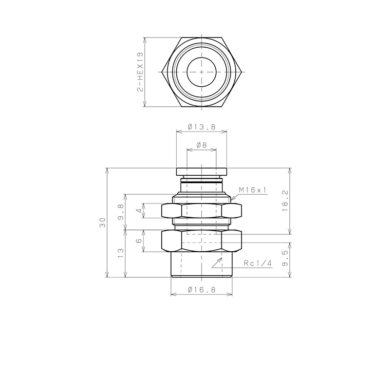 Bản vẽ kỹ thuật Đầu Nối Nhanh Khí Nén Dạng Thẳng Ren Trong Ngoài Pisco PMF8-02-C