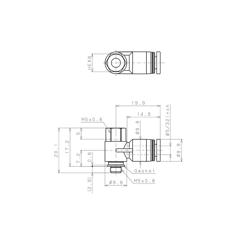 Bản vẽ kỹ thuật Đầu Nối Nhanh Khí Nén Cong 90° Đầu Lục Giác Trụ Ren Đực Cái Pisco PHF5/32-M5