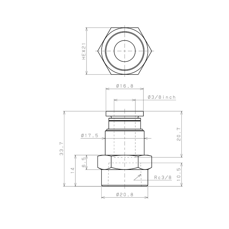 Bản vẽ kỹ thuật Đầu Nối Nhanh Khí Nén Dạng Thẳng Ren Trong Pisco PCF3/8-03-C