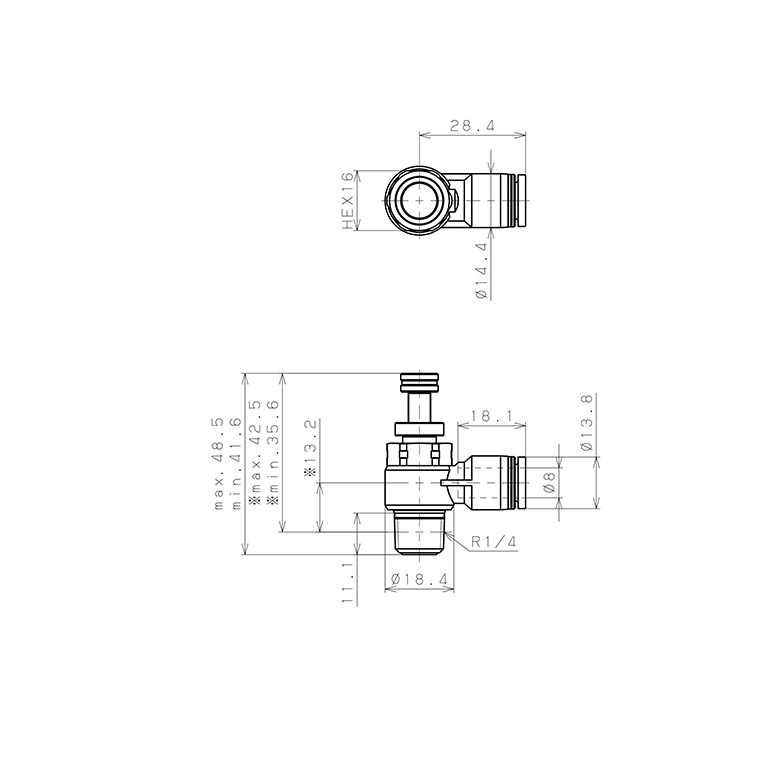 Bản vẽ kỹ thuật Van Tiết Lưu Khí Nén Chân Kim, Nhựa PP Và Inox 304 Pisco PJNC8-02-HN